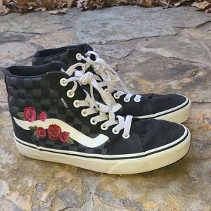 Vans Black and White Checkered Sneakers with Red Rose Embroidery